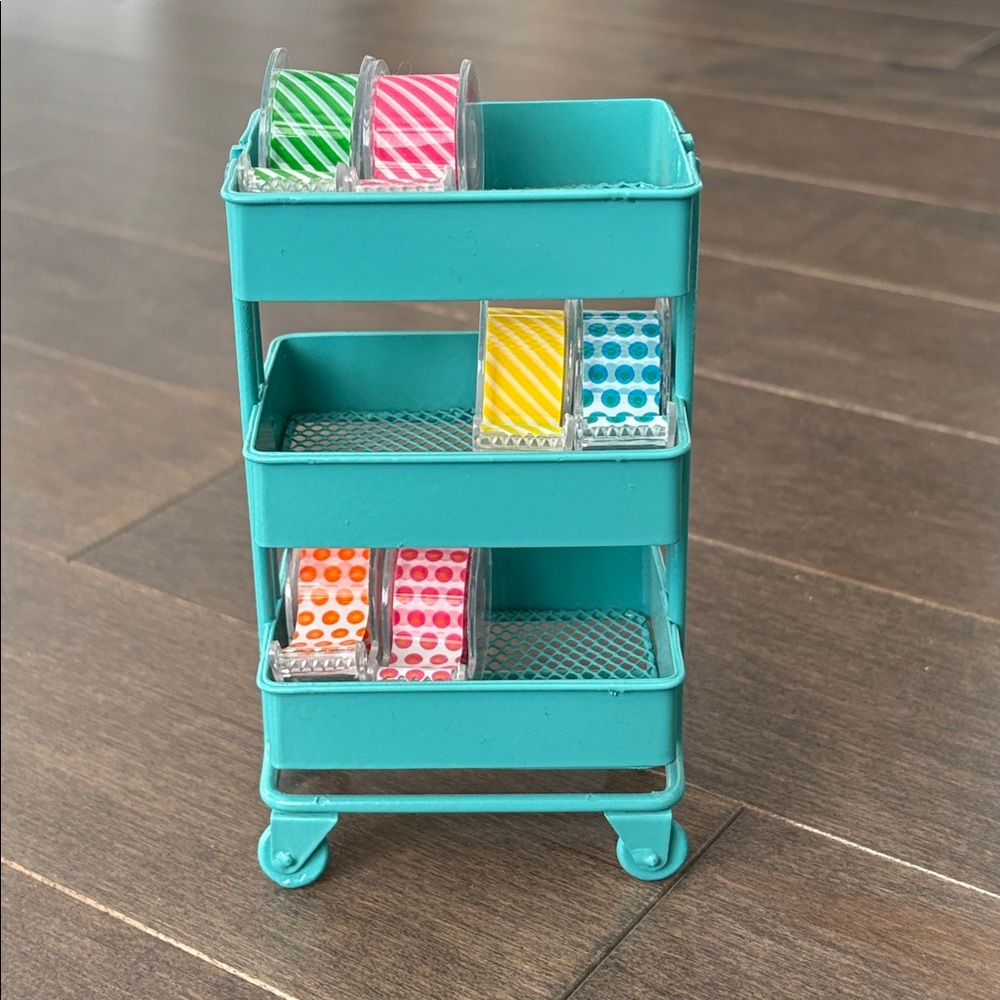 Teal 3-Tier Rolling Storage Cart Decor, Metal Craft Shelf Miniature Collectible